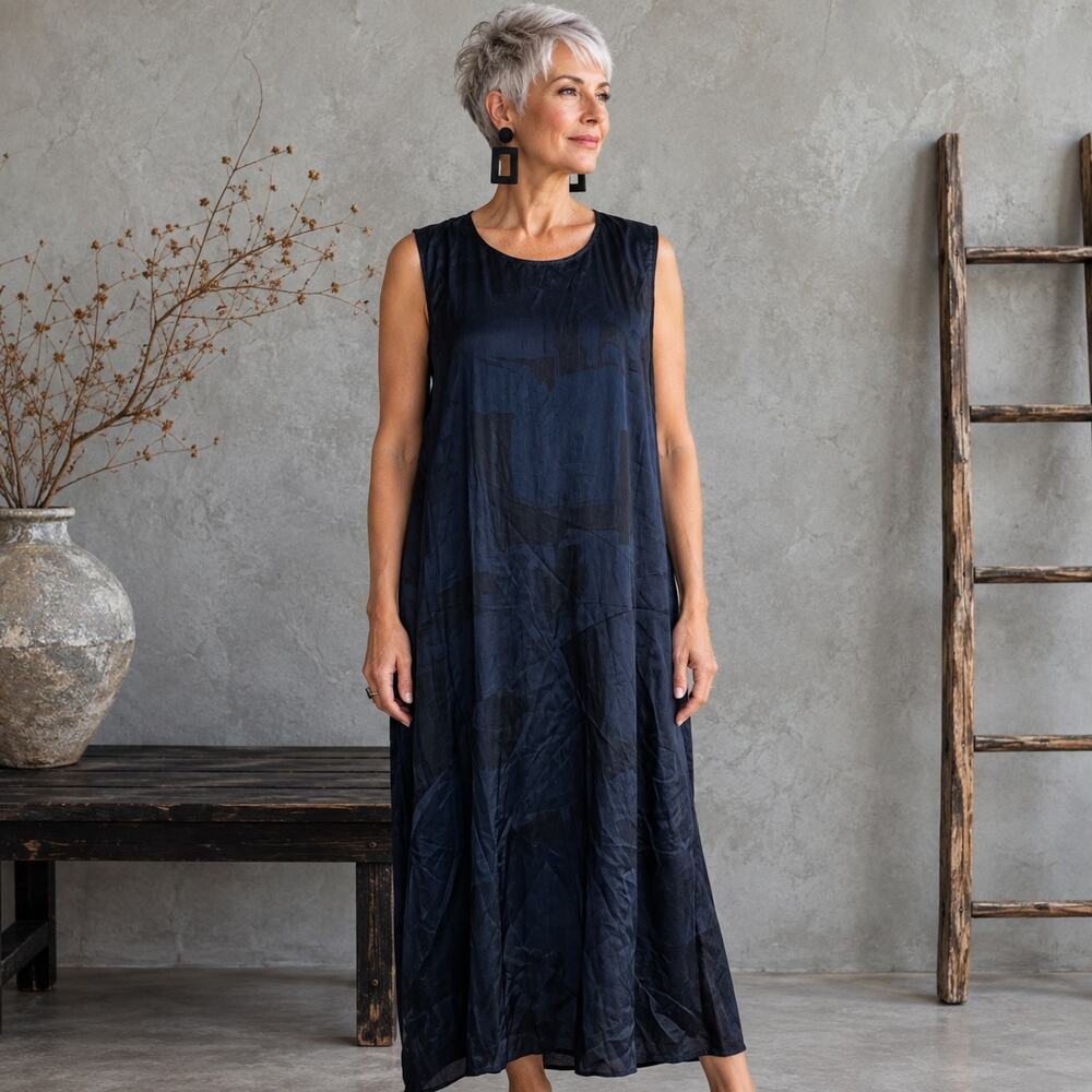 Eileen Fisher Black Navy Silk Blend Sleevelss Shift NWT Dress XL
